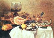 A ham a herring oysters a lemon bread onions grapes Pieter Claesz